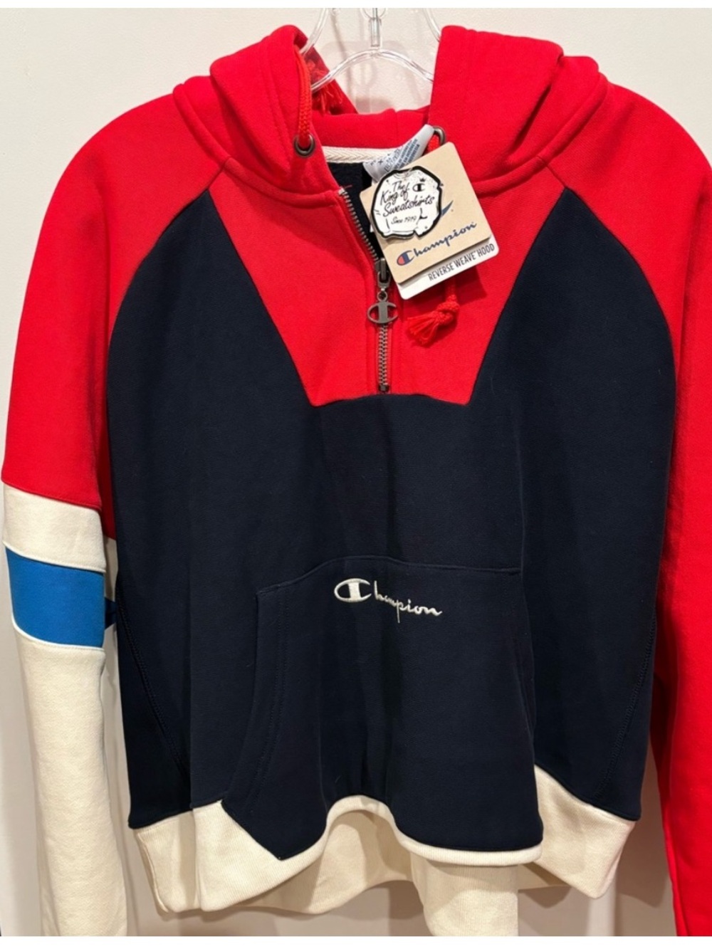 Vintage 1990’s Y2K New Champion Reverse Weave Hood Sweatshirt Women XL Blue Red